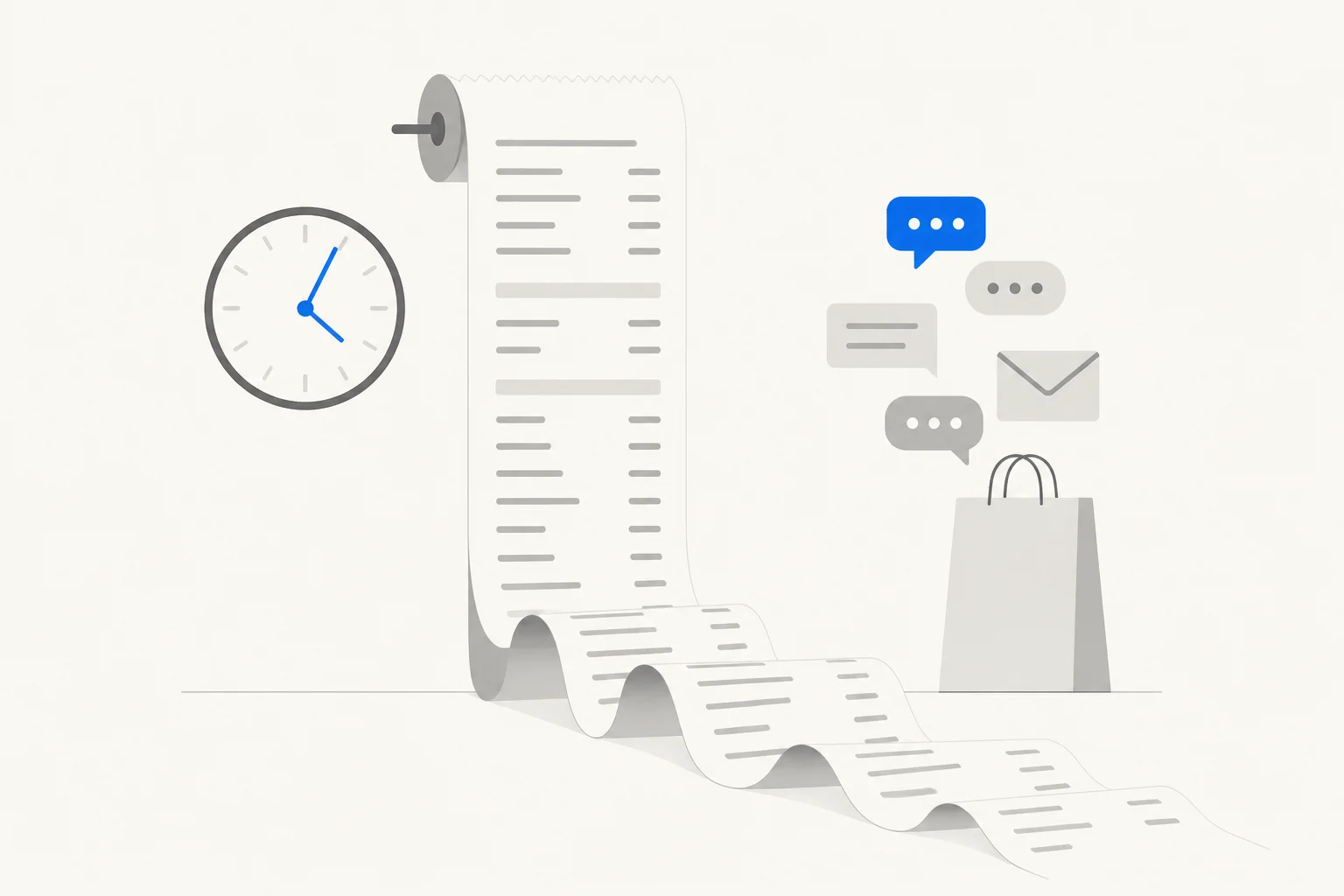 Illustration of a long receipt unrolling onto the floor next to a clock, chat bubbles and a shopping bag, representing the full cost of outsourced customer service
