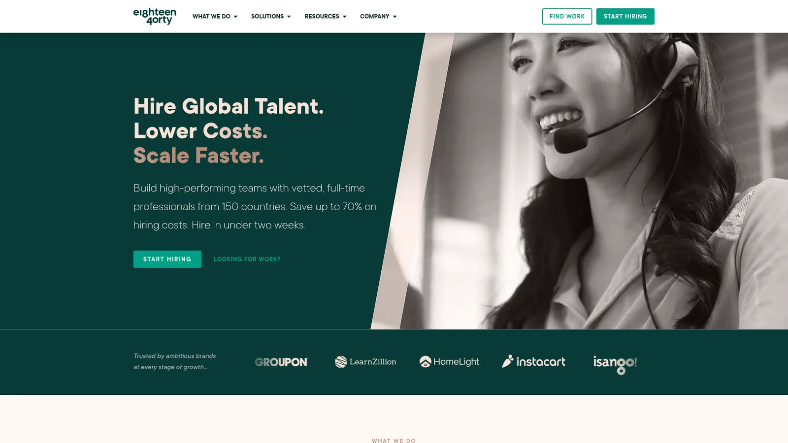 1840 & Company homepage: "Hire Global Talent. Lower Costs. Scale Faster." with a headset-wearing agent and client logos, as taken from 1840 & Company