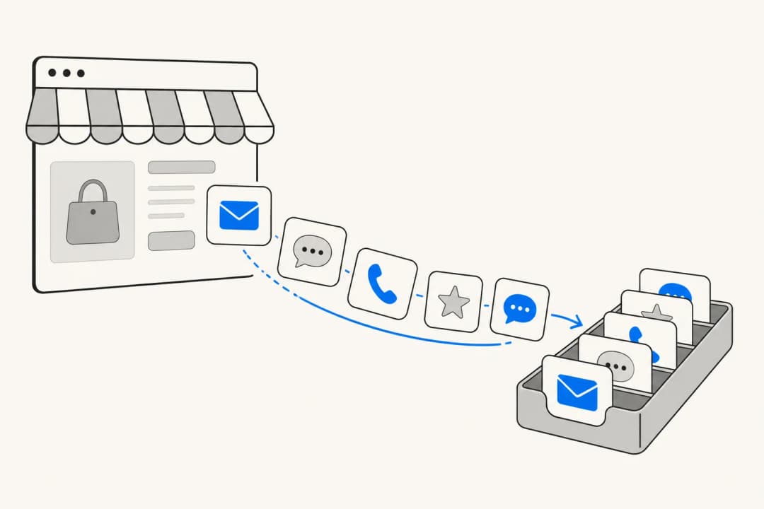 Illustration of an online storefront sending email, chat, phone, review and SMS messages along a path into a neatly sorted tray