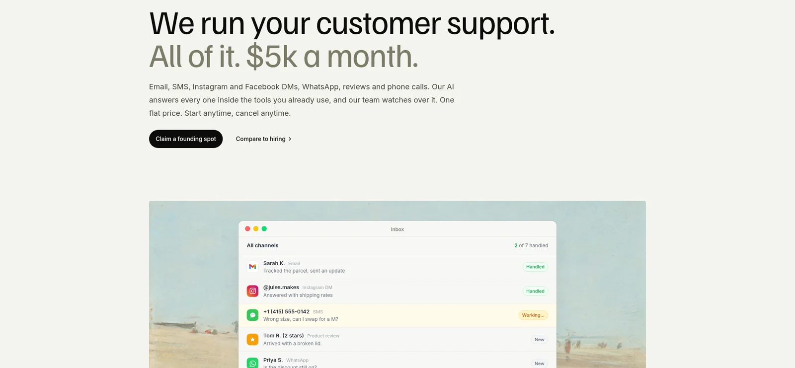 eesel Managed Support landing page: "We run your customer support. All of it. $5k a month." above an inbox handling email, Instagram DM, SMS, product review and WhatsApp messages, as taken from eesel
