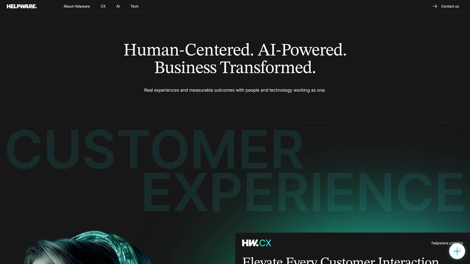 Helpware homepage: "Human-Centered. AI-Powered. Business Transformed." above a customer experience banner, as taken from Helpware