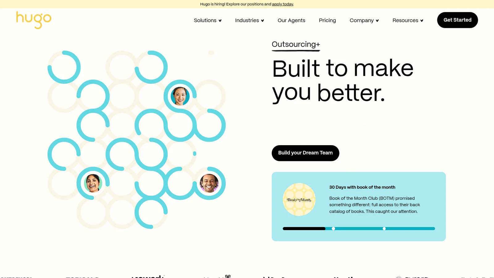 Hugo homepage: "Outsourcing+ Built to make you better." with a Book of the Month Club case study card, as taken from Hugo