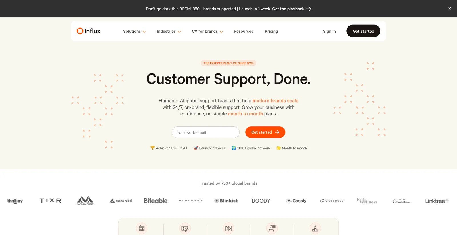 Influx homepage: "Customer Support, Done." with human plus AI global support teams on month to month plans, as taken from Influx