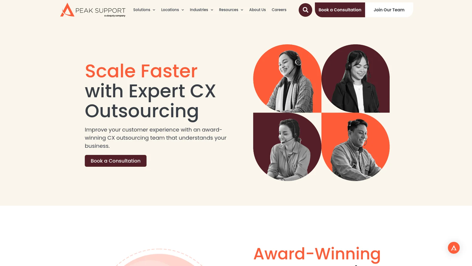 Peak Support homepage: "Scale Faster with Expert CX Outsourcing" with four headset-wearing agents, as taken from Peak Support