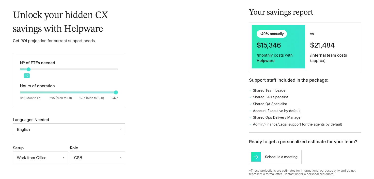 Helpware's savings calculator showing $15,346 a month with Helpware for 10 English-speaking agents on 24/7 cover, versus $21,484 for an internal team, as taken from Helpware
