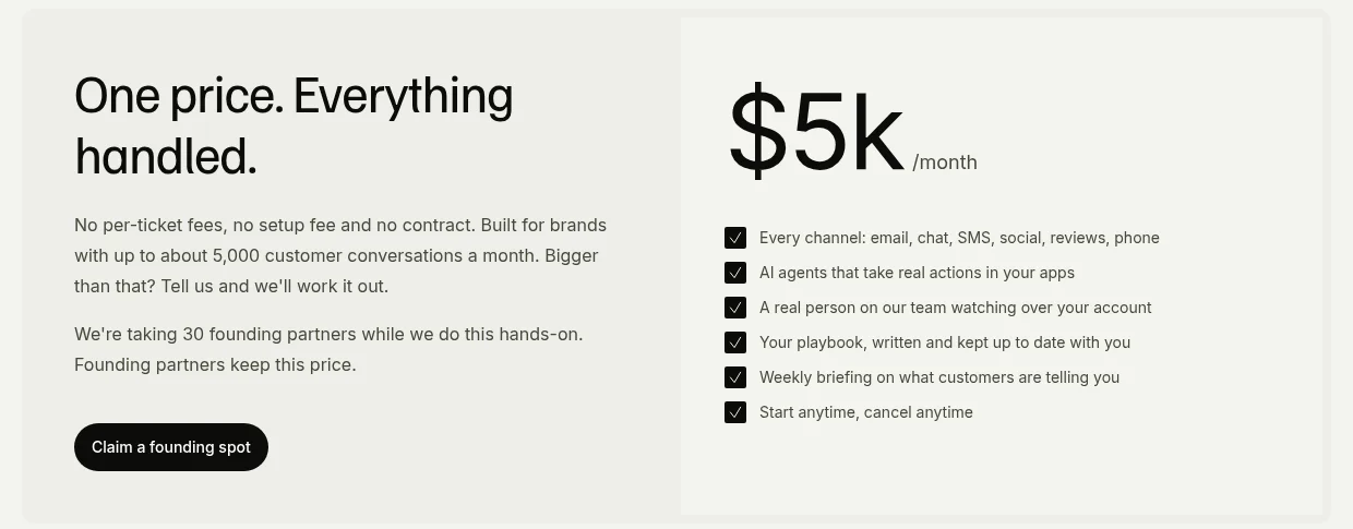 eesel Managed Support pricing card: $5k a month covering every channel, AI agents that take real actions, a real person watching over your account, a playbook, a weekly briefing and cancel anytime, as taken from eesel