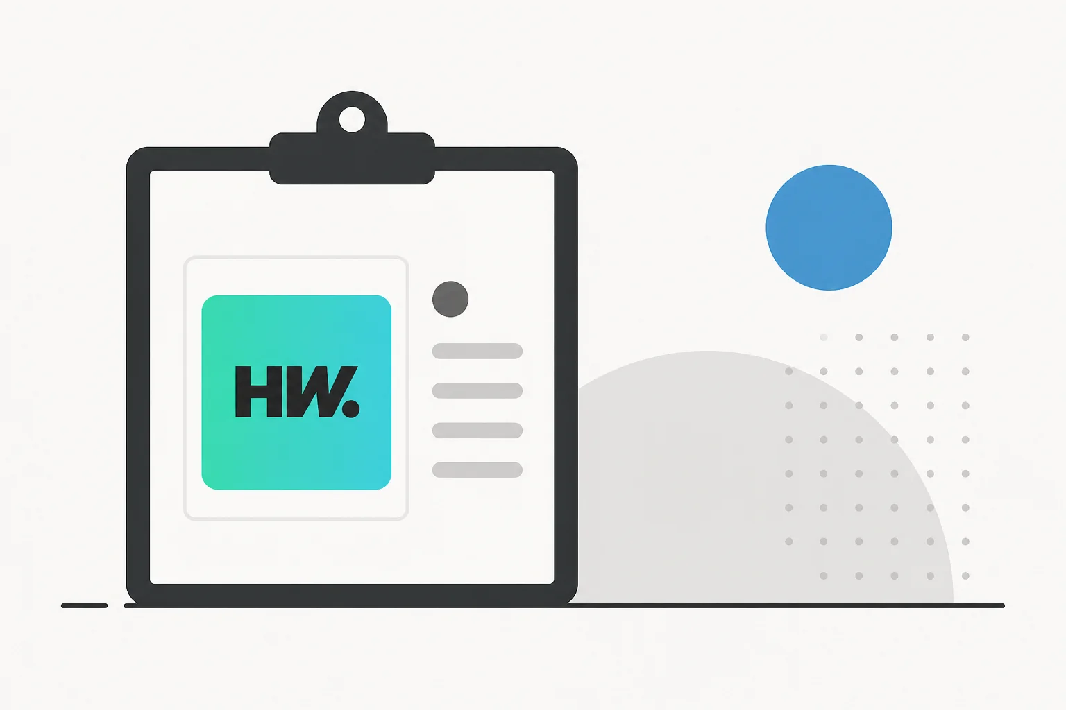 Helpware logo on a clipboard with abstract shapes, representing a review of the company