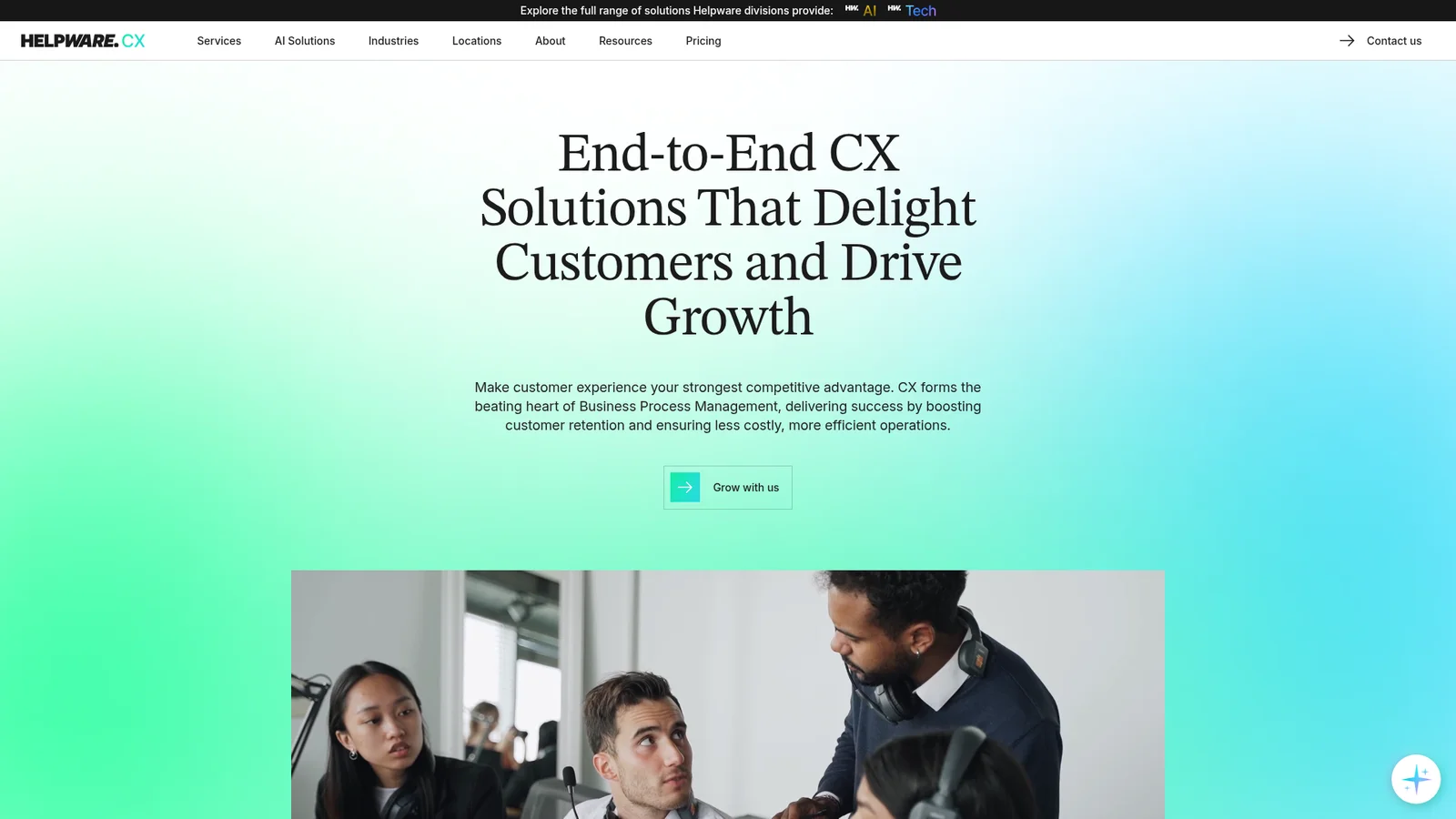 The Helpware CX homepage with the headline "End-to-End CX Solutions That Delight Customers and Drive Growth", as taken from Helpware