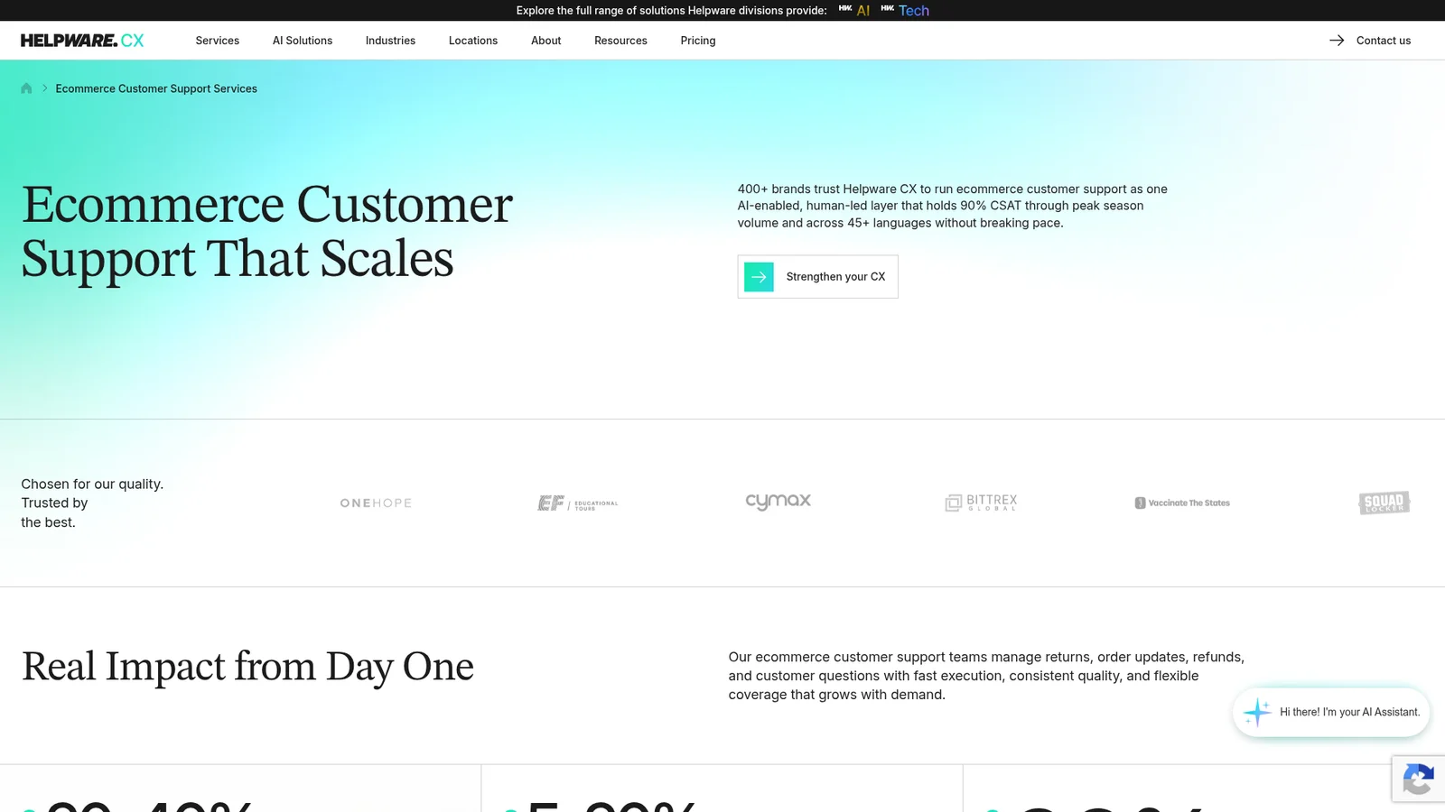 Helpware's ecommerce customer support page headed "Ecommerce Customer Support That Scales", with client logos including ONEHOPE, Cymax and Squad Locker, as taken from Helpware