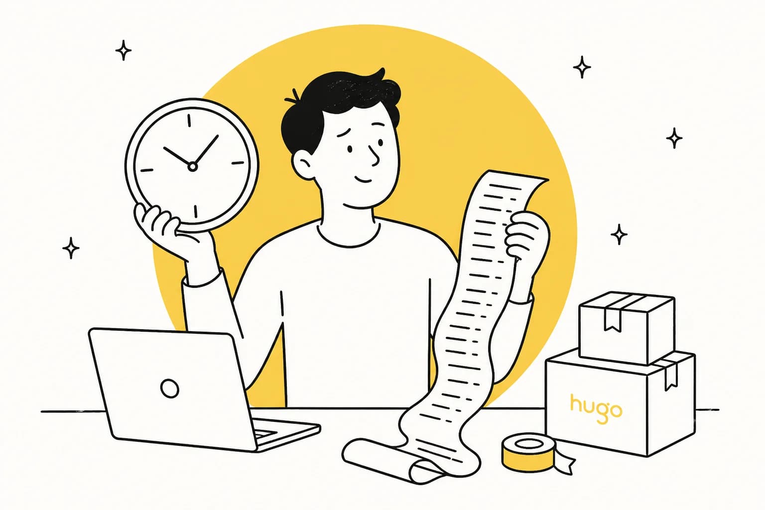 Illustration of an ecommerce founder holding a clock and a long receipt next to parcel boxes, one printed with the hugo wordmark