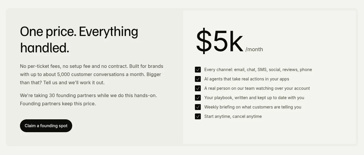 eesel Managed Support pricing card: $5k a month, every channel, AI agents that take real actions in your apps, a real person watching over your account, your playbook, a weekly briefing, start anytime and cancel anytime, as taken from eesel