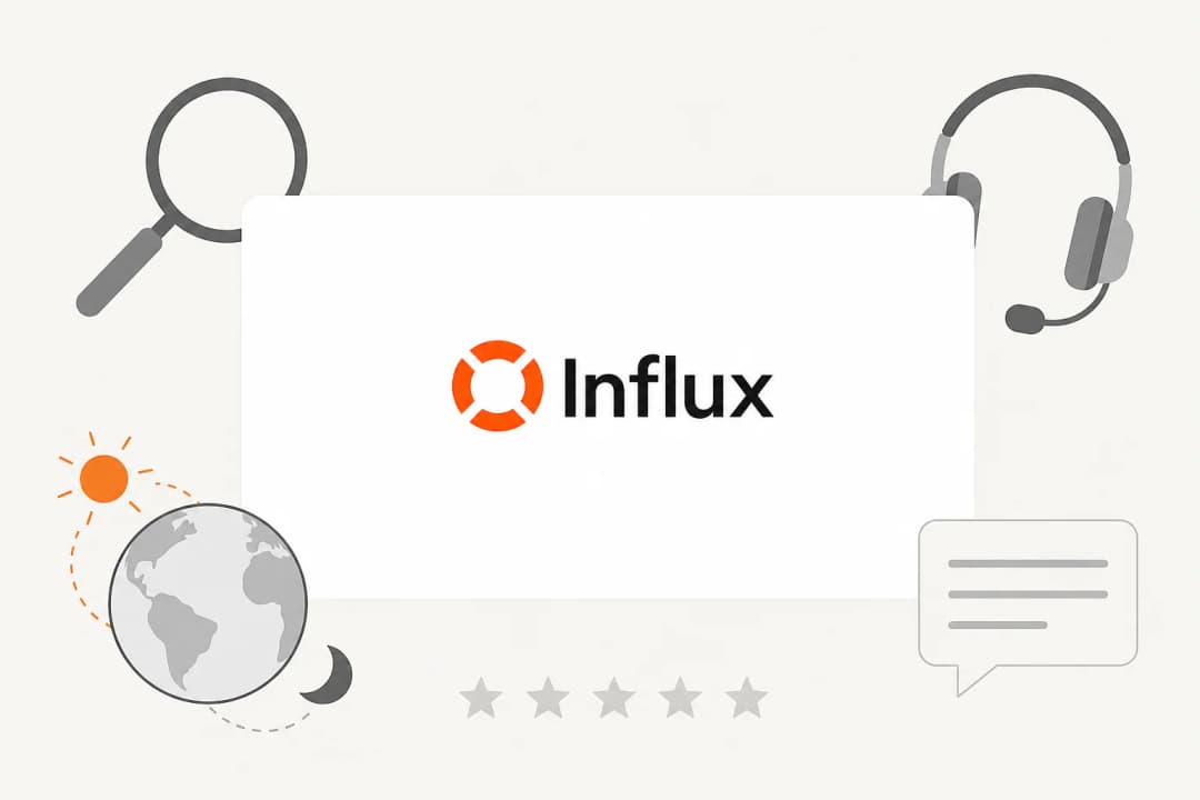 Influx logo on a white card surrounded by a magnifying glass, a headset, a globe with a sun and moon, rating stars and a speech bubble, illustrating an Influx customer support review