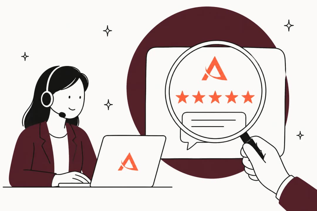 Illustrated support agent with a headset at a laptop next to a magnifying glass over a five-star review card bearing the Peak Support logo