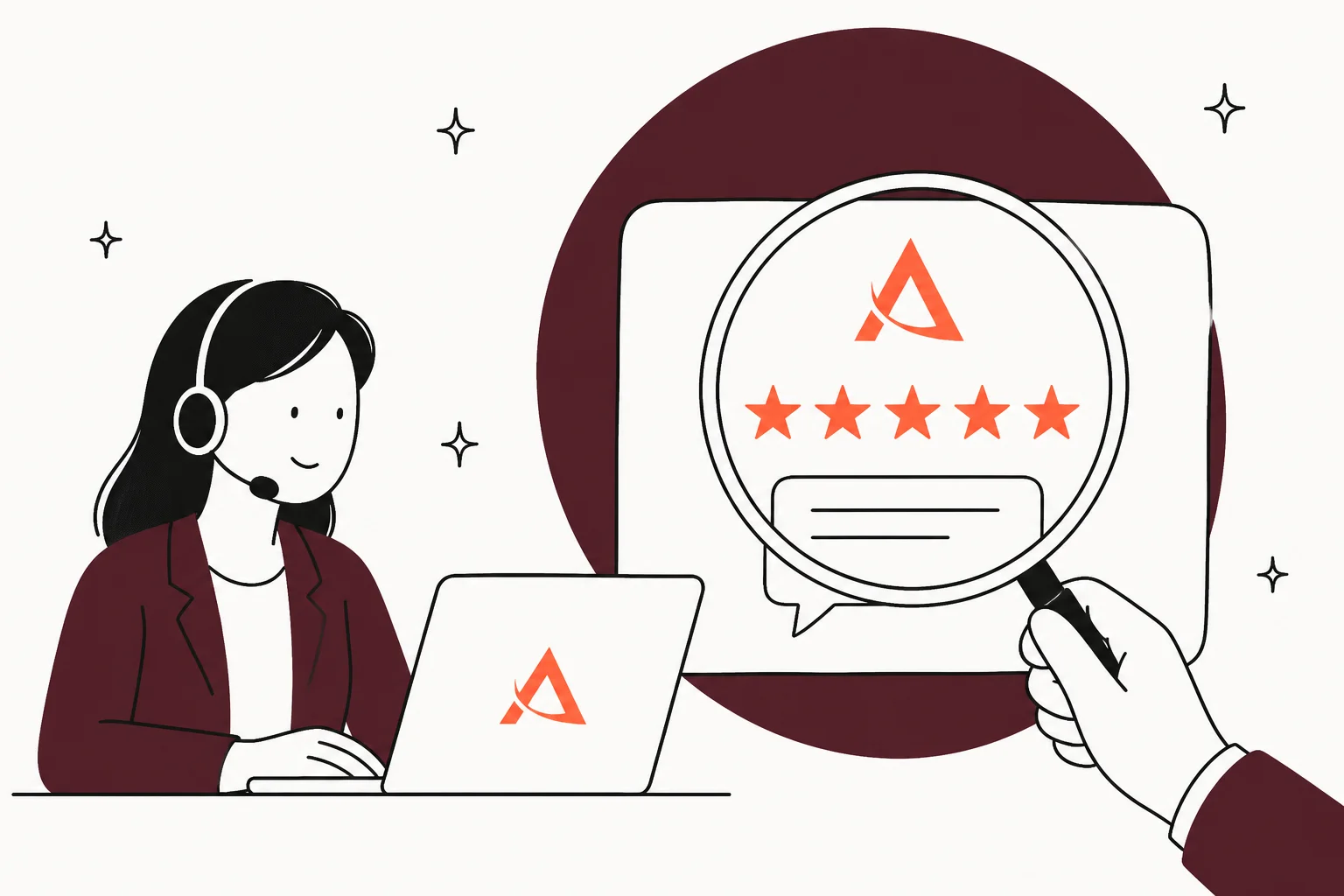 Illustrated support agent with a headset at a laptop next to a magnifying glass over a five-star review card bearing the Peak Support logo