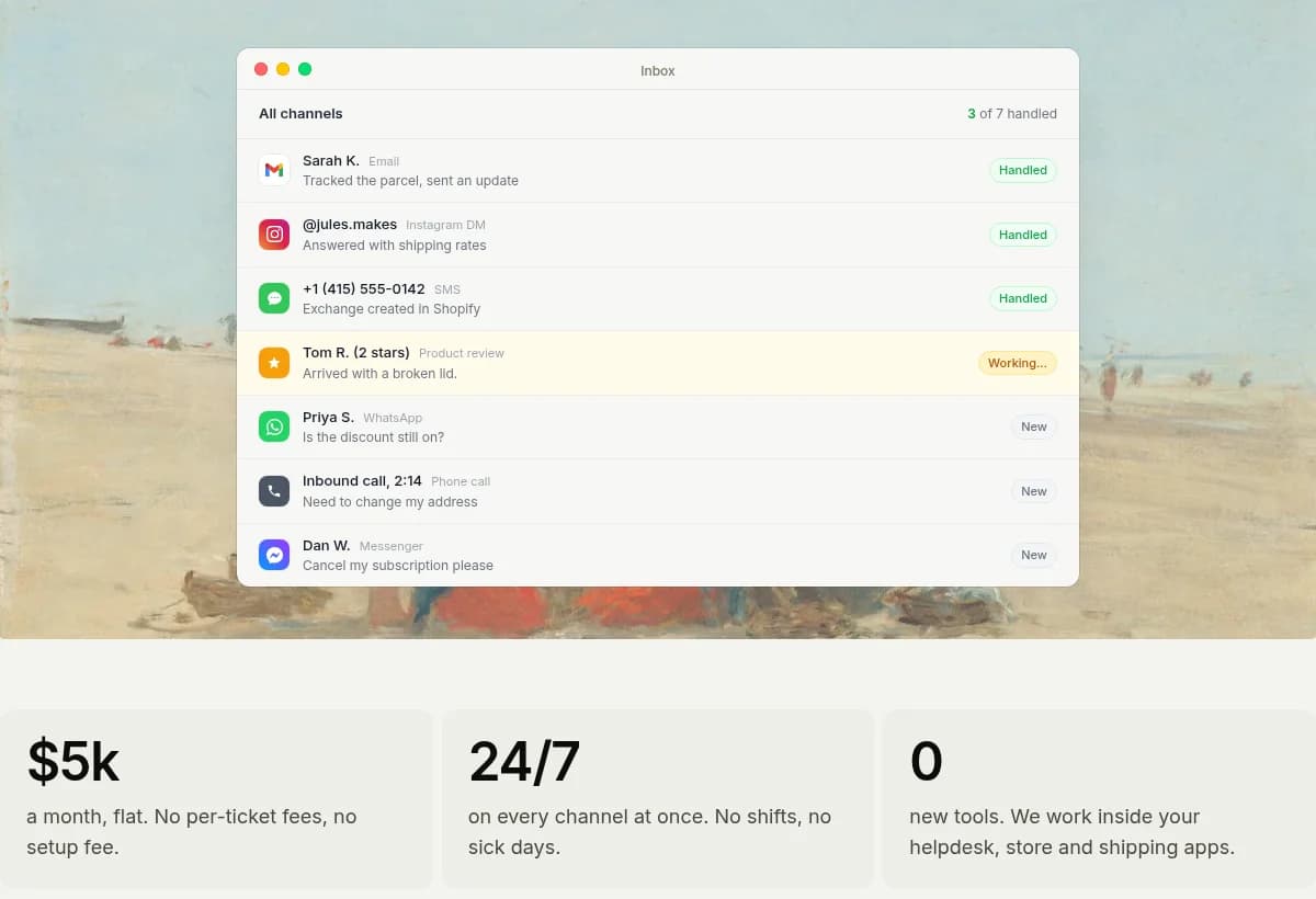 eesel Managed Support inbox showing email, Instagram DM, SMS, product review, WhatsApp, phone call and Messenger conversations in one view, three handled and one in progress, above tiles reading $5k a month flat, 24/7 on every channel, and 0 new tools, as taken from eesel