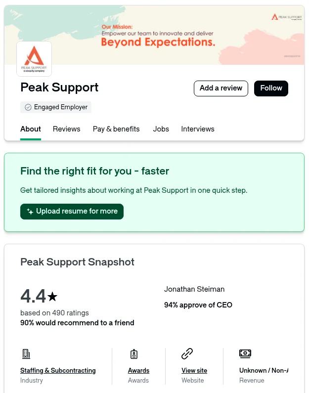 Peak Support's Glassdoor snapshot: 4.4 stars based on 490 ratings, 90% would recommend to a friend, and Jonathan Steiman at 94% CEO approval, as taken from Glassdoor