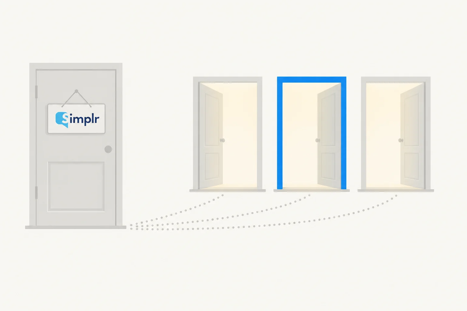Illustration of a closed door with a Simplr sign and dotted paths leading to three open doorways