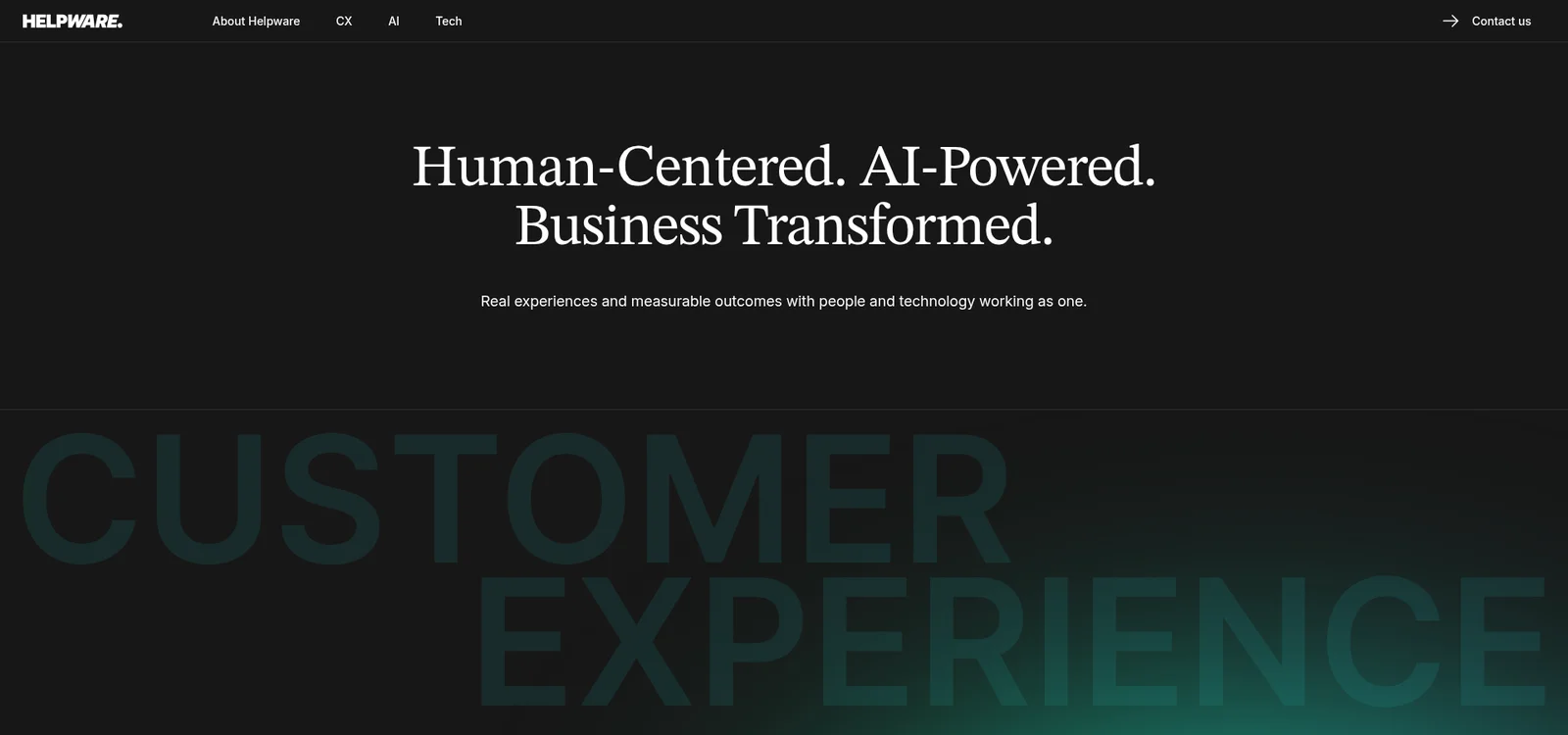 The Helpware homepage with the headline "Human-Centered. AI-Powered. Business Transformed." on a dark background, as taken from Helpware