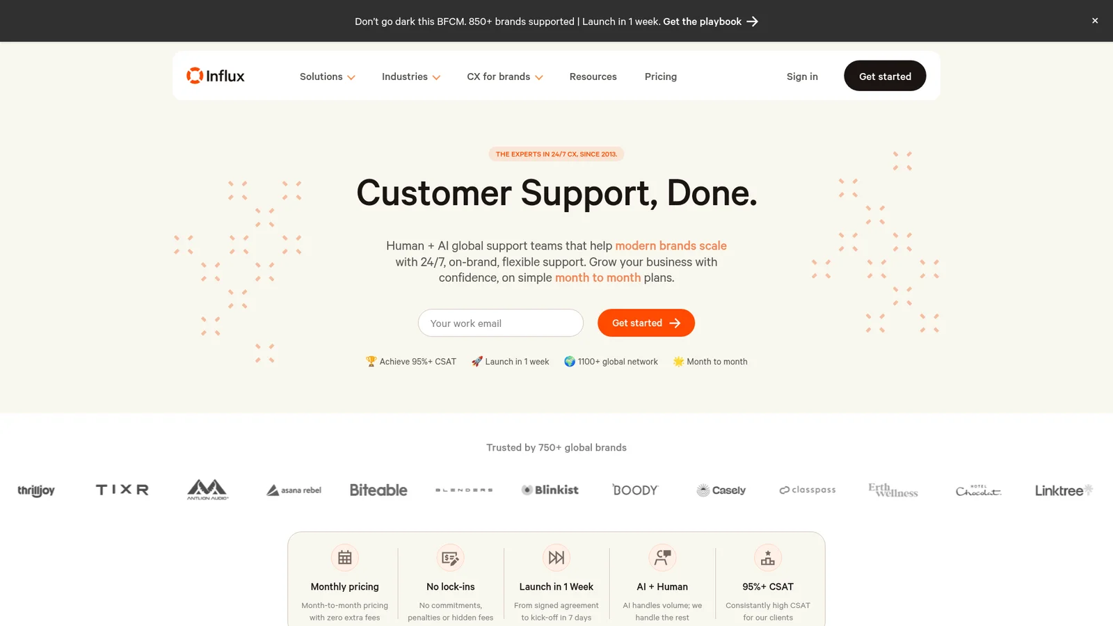 The Influx homepage with the headline "Customer Support, Done." and badges for 95%+ CSAT, launch in 1 week, 1100+ global network and month to month, as taken from Influx