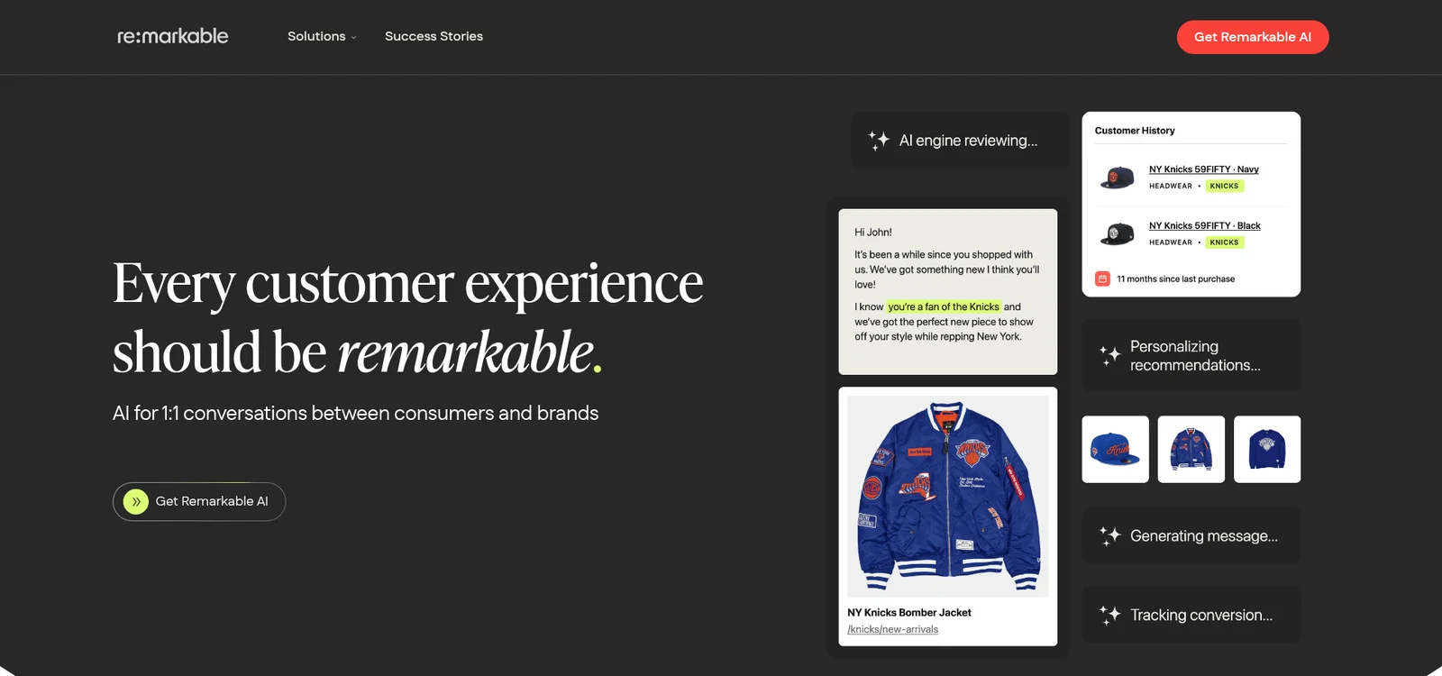 The Remarkable AI homepage with the headline "Every customer experience should be remarkable" and a mock-up of an AI-personalised win-back message, as taken from Remarkable AI