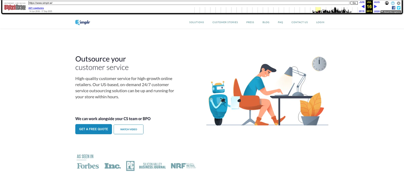 Simplr's homepage as archived on 16 July 2019, headlined "Outsource your customer service" above an "As seen in" strip with Forbes, Inc. and PC Mag, as taken from the Wayback Machine