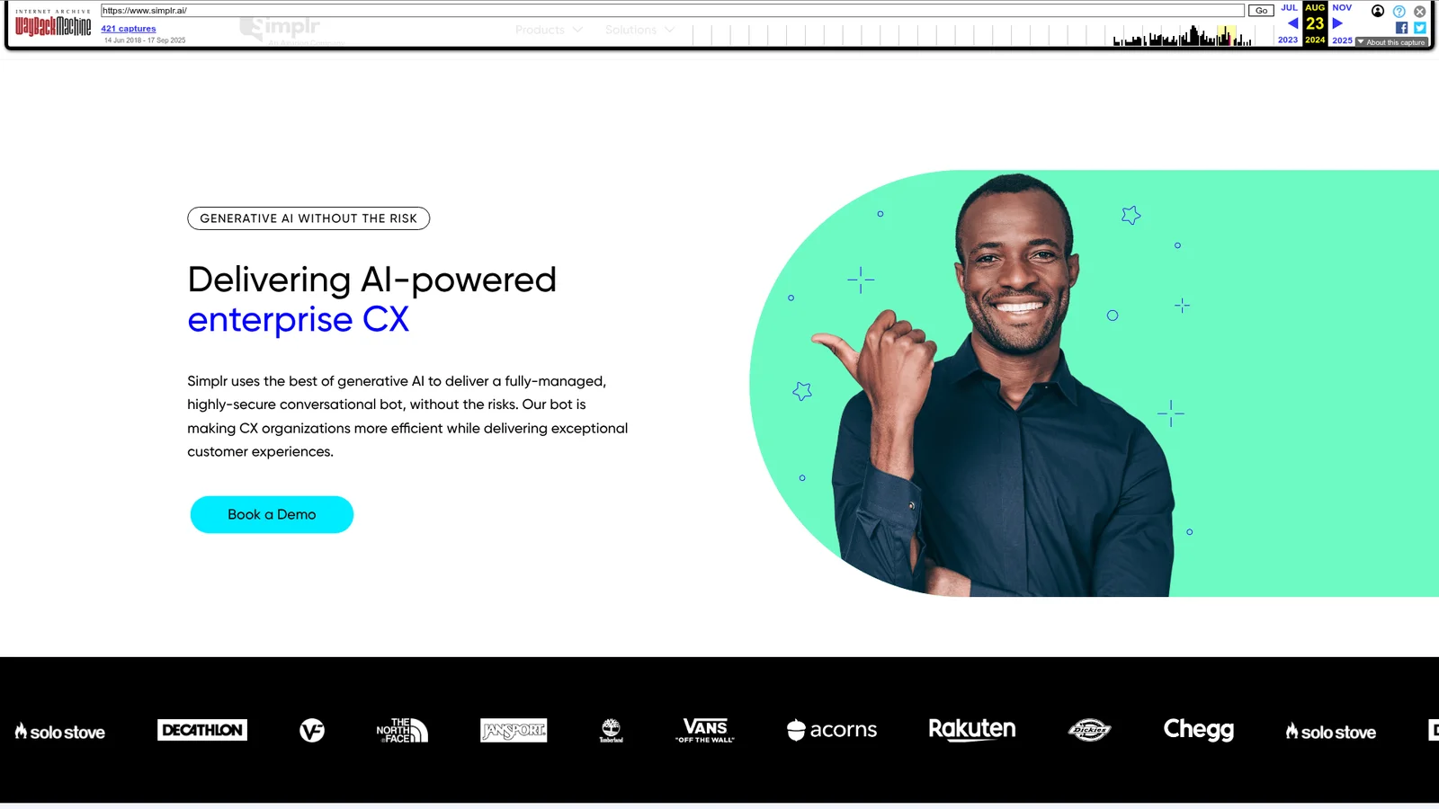 Simplr's last live homepage, archived 23 August 2024, headlined "Delivering AI-powered enterprise CX" above logos for Solo Stove, Decathlon, The North Face, Vans and Chegg, as taken from the Wayback Machine