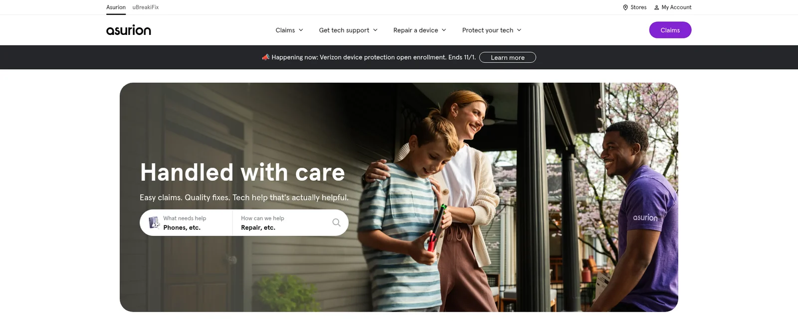 What simplr.ai shows today: Asurion's consumer homepage, headlined "Handled with care" with a Claims button and a search for phone repairs, captured 9 October 2026