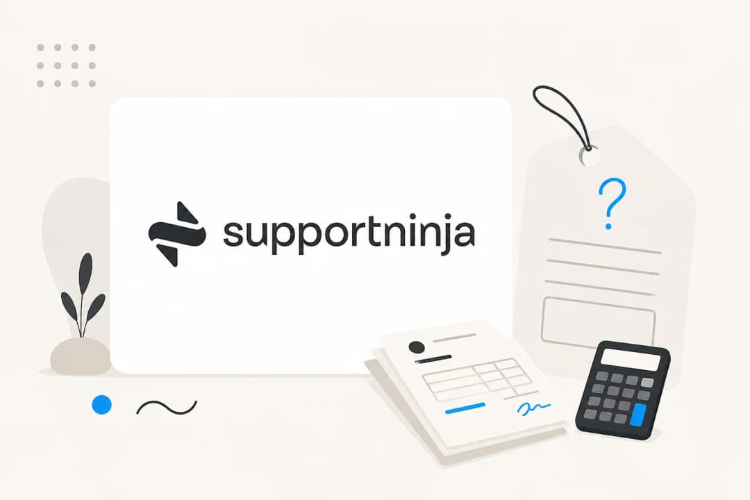 SupportNinja logo on a card next to a price tag with a question mark, invoices and a calculator