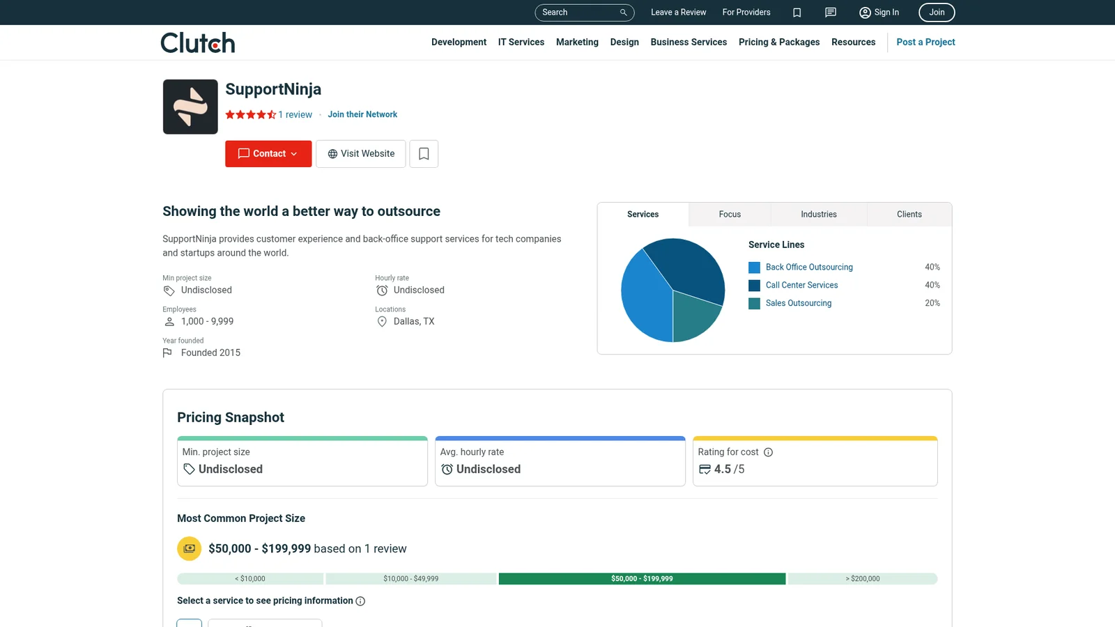 SupportNinja's Clutch profile showing one review, an undisclosed minimum project size and hourly rate, and a $50,000 to $199,999 most common project size, as taken from Clutch