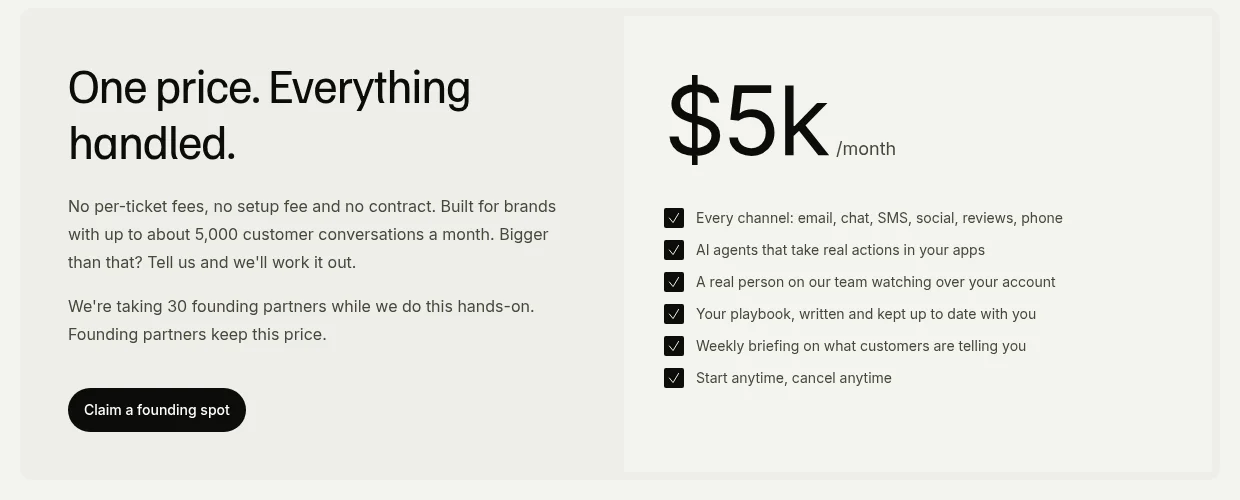 eesel Managed Support pricing: $5k a month with every channel, AI agents that take real actions, a real person watching over your account, a playbook kept up to date, a weekly briefing, and start or cancel anytime, as taken from eesel