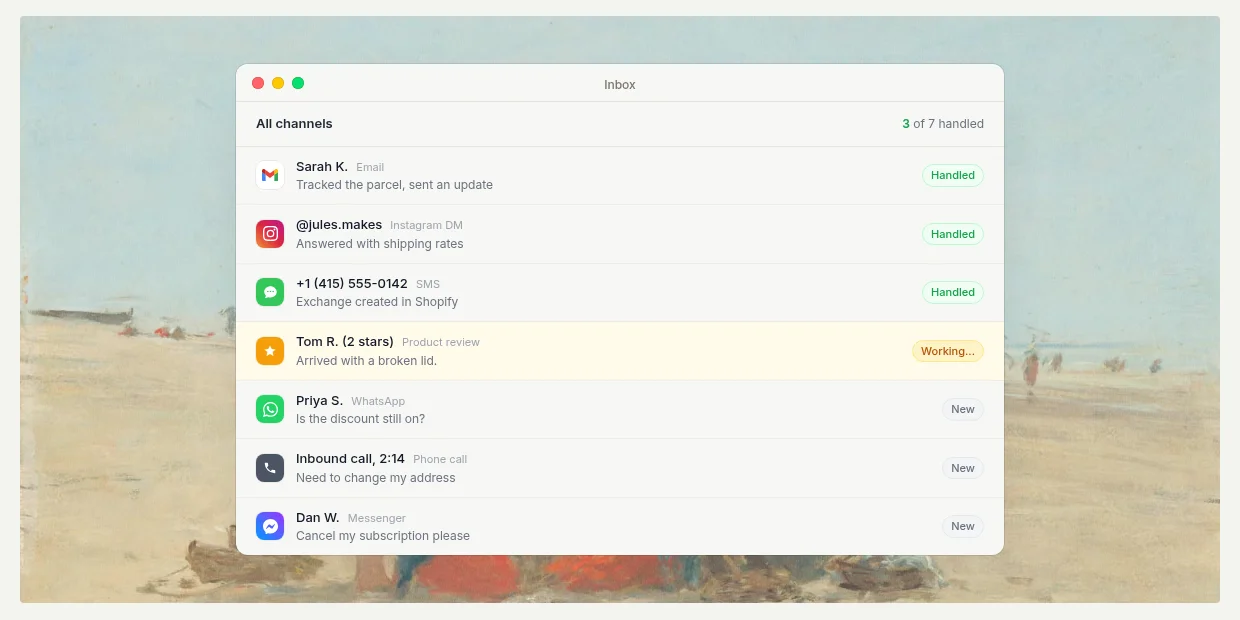 eesel Managed Support inbox showing email, Instagram DM, SMS, product review, WhatsApp, phone call and Messenger conversations in one view, with three handled and one in progress, as taken from eesel