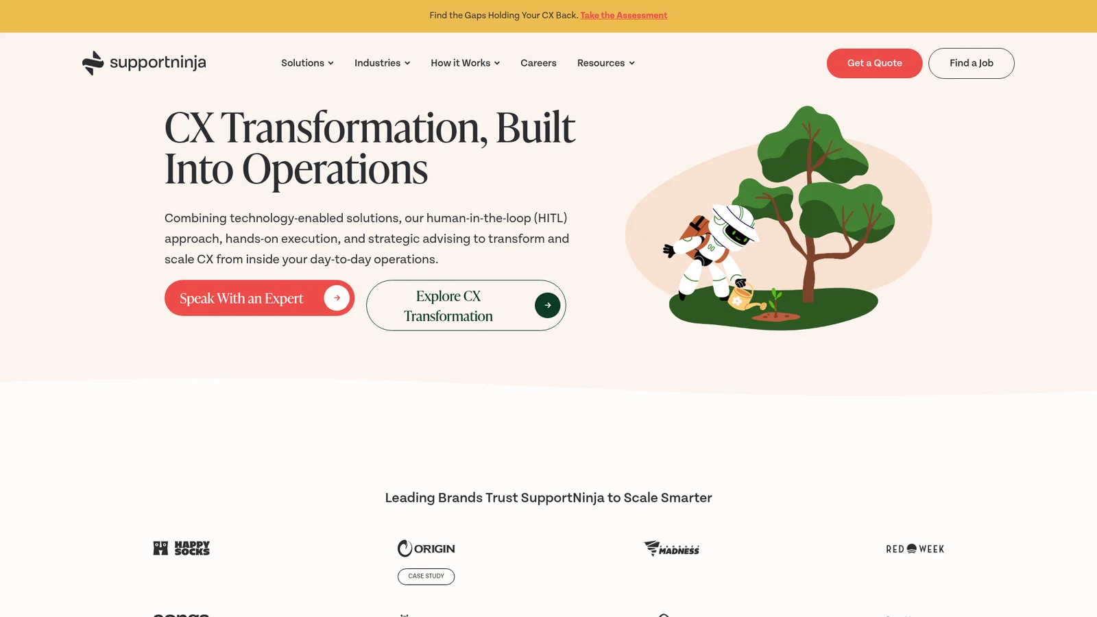 SupportNinja's homepage headline "CX Transformation, Built Into Operations" with a logo row including Happy Socks, Origin, Product Madness and RedWeek, as taken from SupportNinja