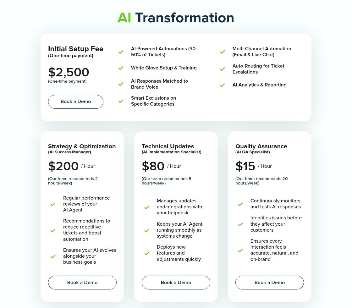 TalentPop AI Transformation pricing: a $2,500 one-time setup fee, Strategy and Optimization at $200 an hour (2 hours a week recommended), Technical Updates at $80 an hour (5 hours a week recommended) and Quality Assurance at $15 an hour (20 hours a week recommended), as taken from TalentPop
