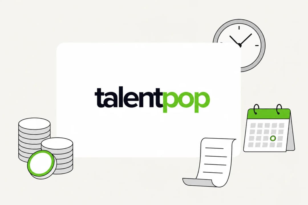 TalentPop logo on a card surrounded by coins, a clock, a calendar and a receipt, illustrating TalentPop pricing
