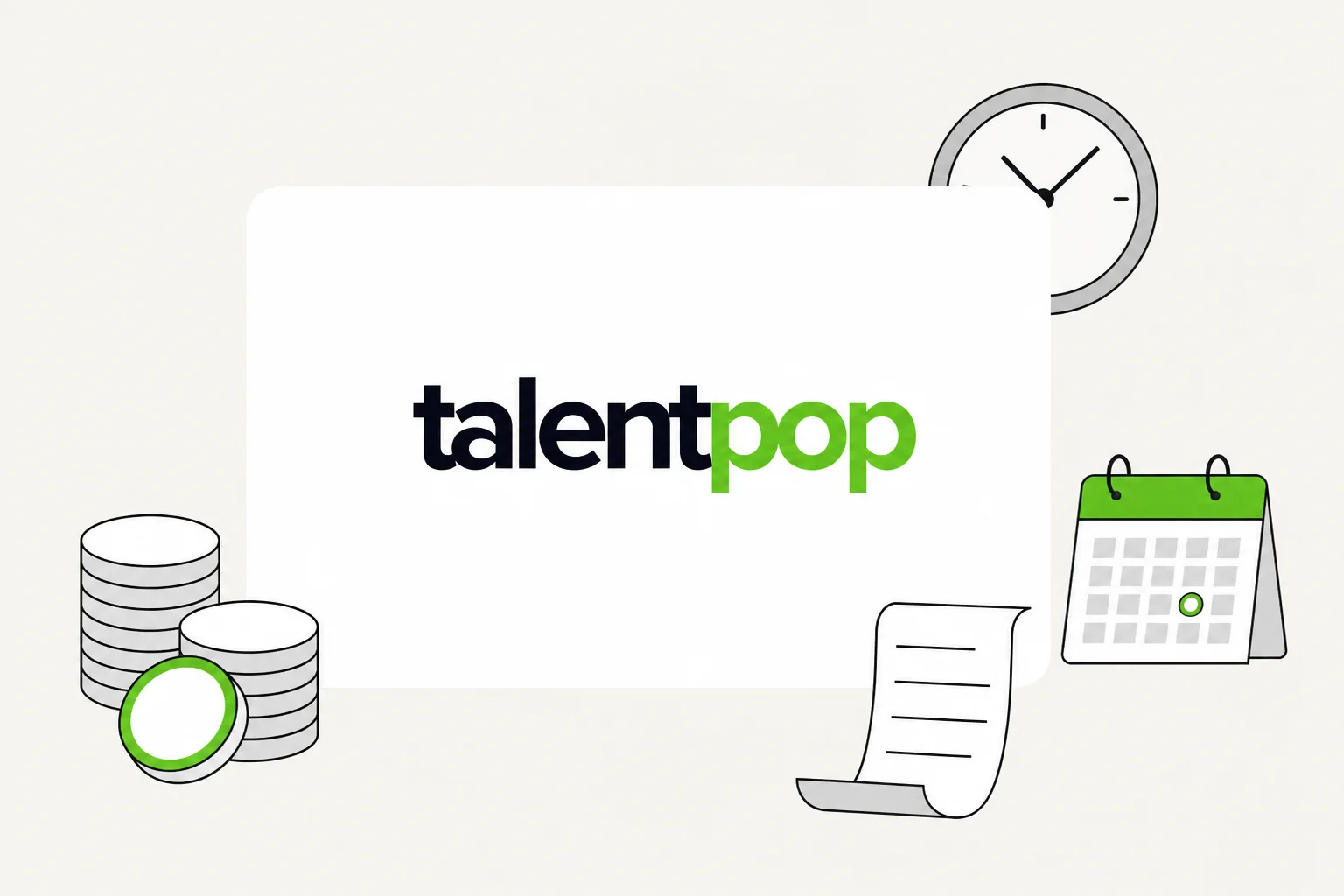 TalentPop logo on a card surrounded by coins, a clock, a calendar and a receipt, illustrating TalentPop pricing