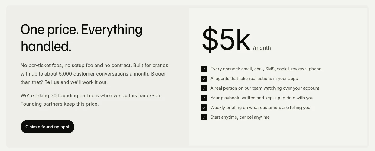 eesel Managed Support pricing card: $5k a month with every channel (email, chat, SMS, social, reviews, phone), AI agents that take real actions in your apps, a real person watching over your account, your playbook kept up to date, a weekly briefing and start anytime, cancel anytime, as taken from eesel