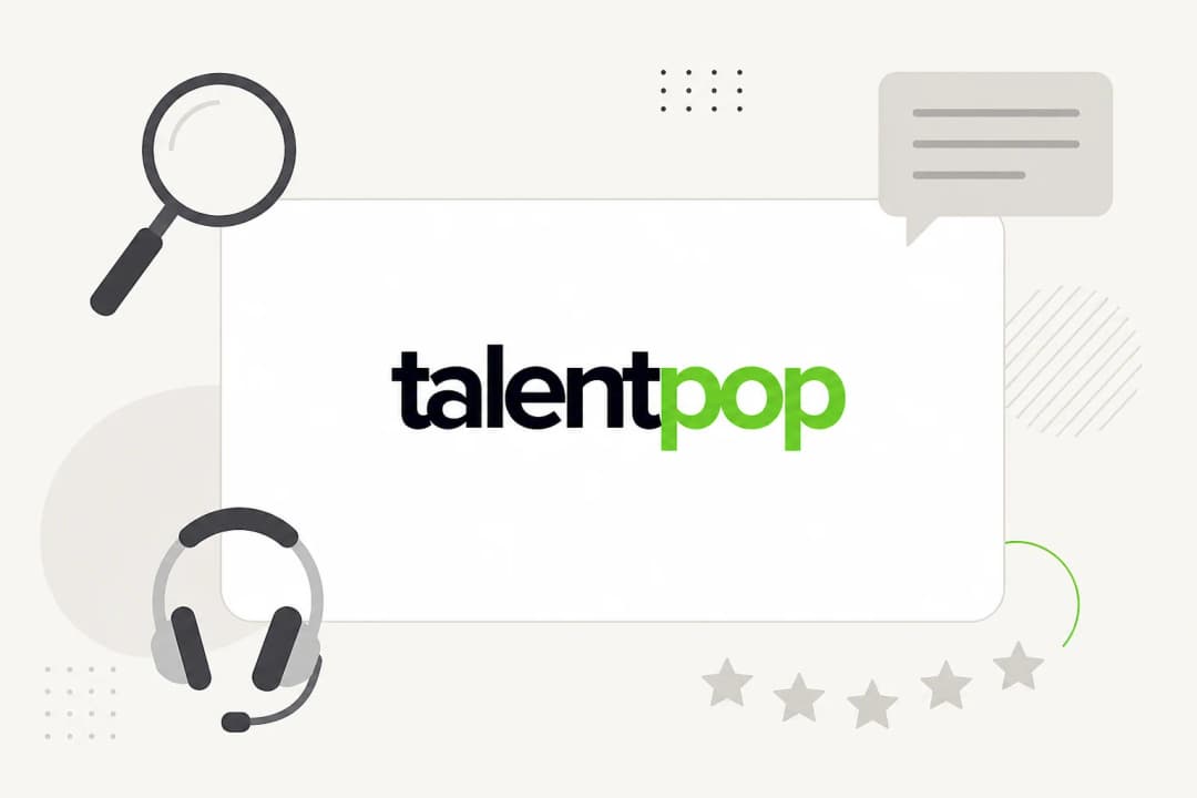 TalentPop logo on a card with a magnifying glass, a headset, a speech bubble and rating stars, illustrating a TalentPop review