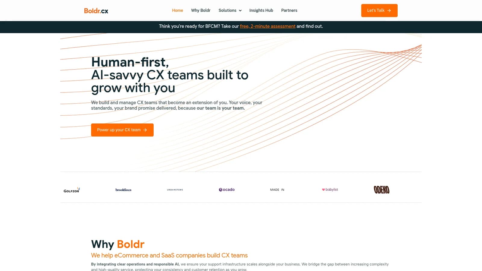 Boldr.cx homepage with the headline "Human-first, AI-savvy CX teams built to grow with you" and a logo strip including Brooklinen, UrbanStems, Made In and Babylist, as taken from Boldr