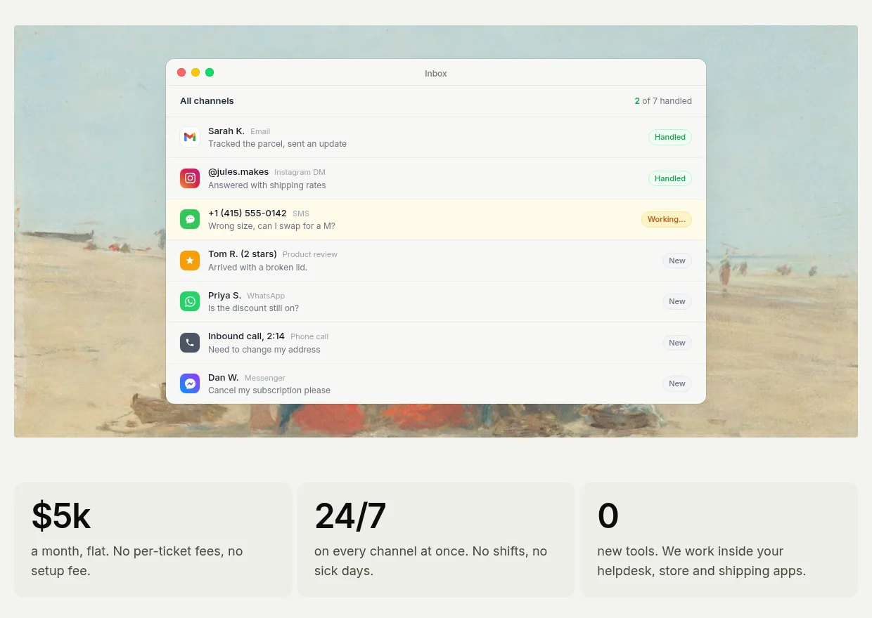 eesel Managed Support inbox showing email, Instagram DM, SMS, product review, WhatsApp, phone and Messenger conversations in one list, with stat cards for $5k a month, 24/7 and 0 new tools, as taken from eesel