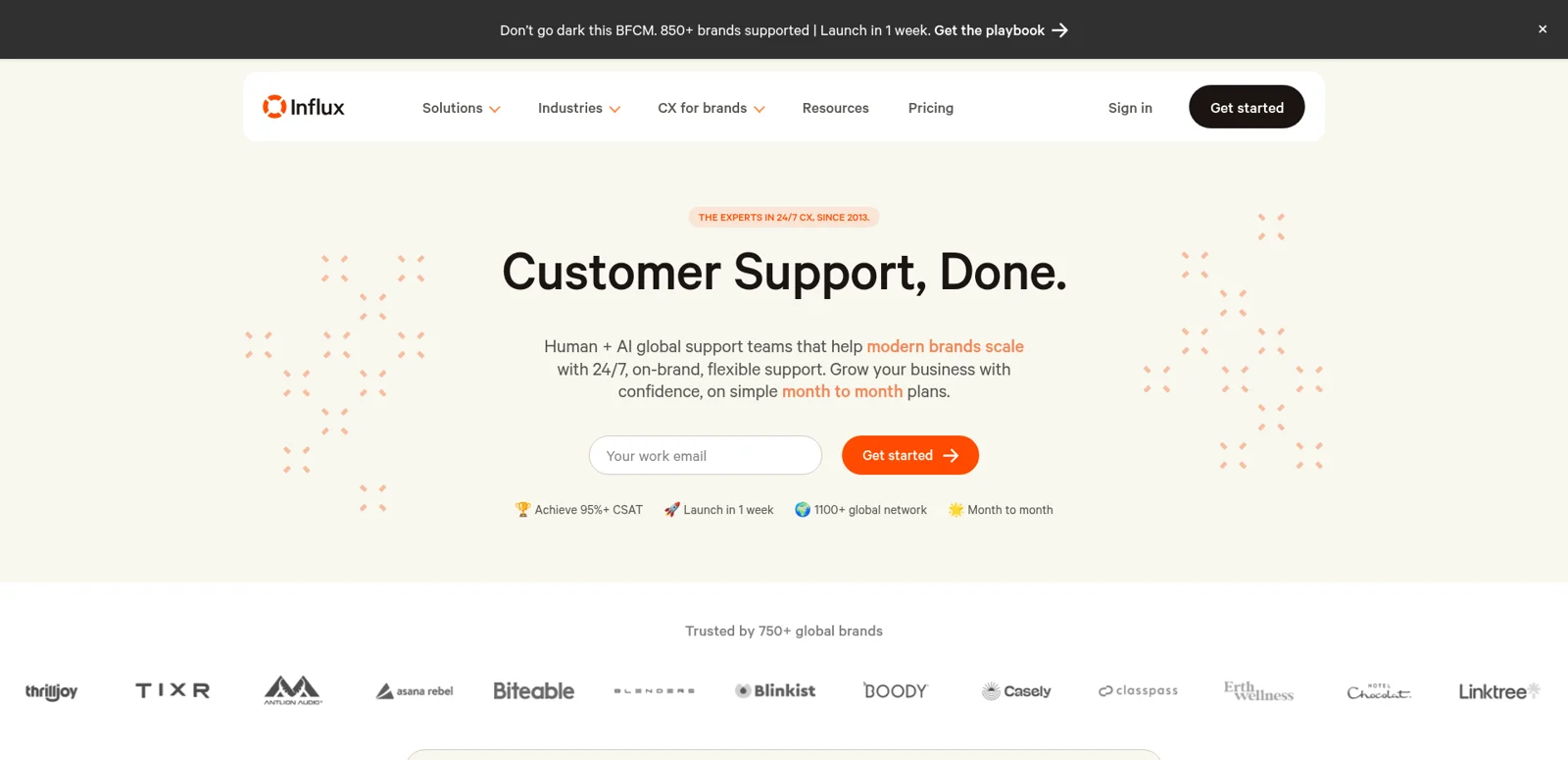 Influx homepage with the headline "Customer Support, Done." and badges for 95%+ CSAT, launch in 1 week, 1100+ global network and month to month, as taken from Influx