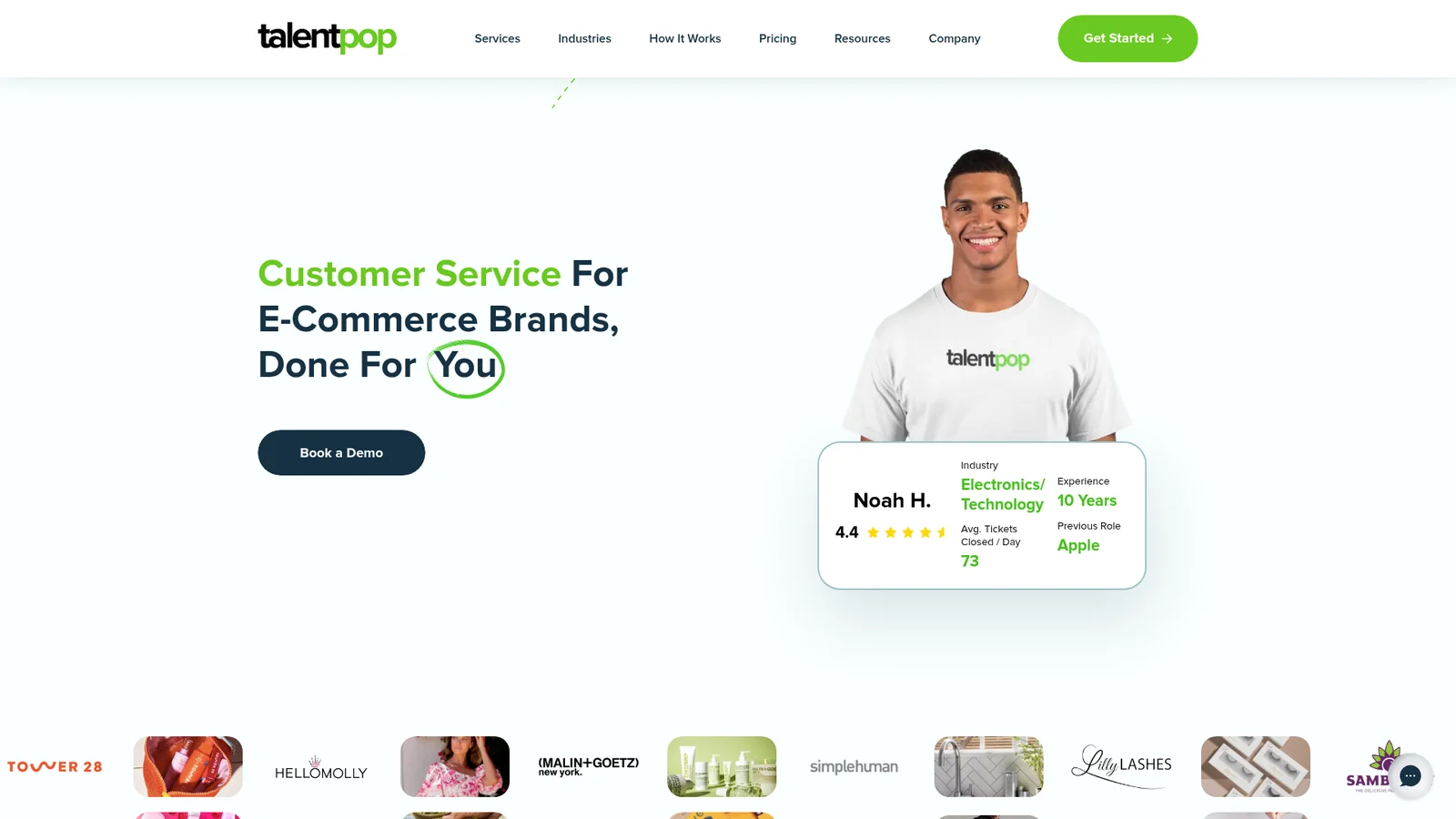 TalentPop homepage with the headline "Customer Service For E-Commerce Brands, Done For You", a Book a Demo button and an agent profile card, as taken from TalentPop