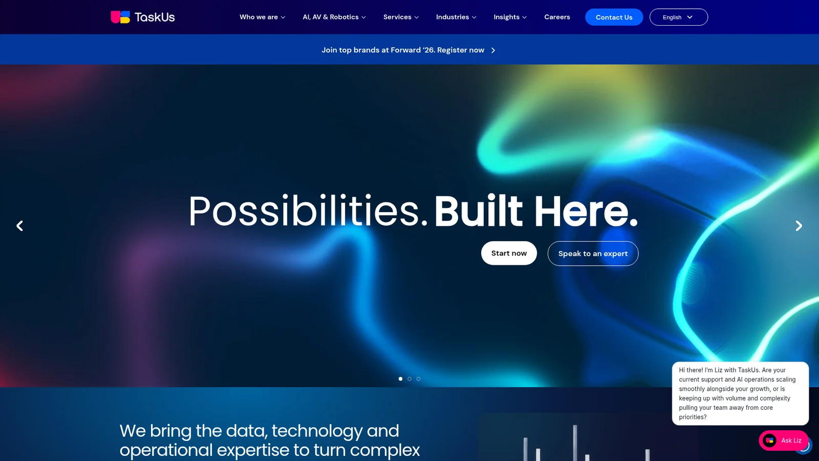 TaskUs homepage with the headline "Possibilities. Built Here." and buttons for Start now and Speak to an expert, as taken from TaskUs