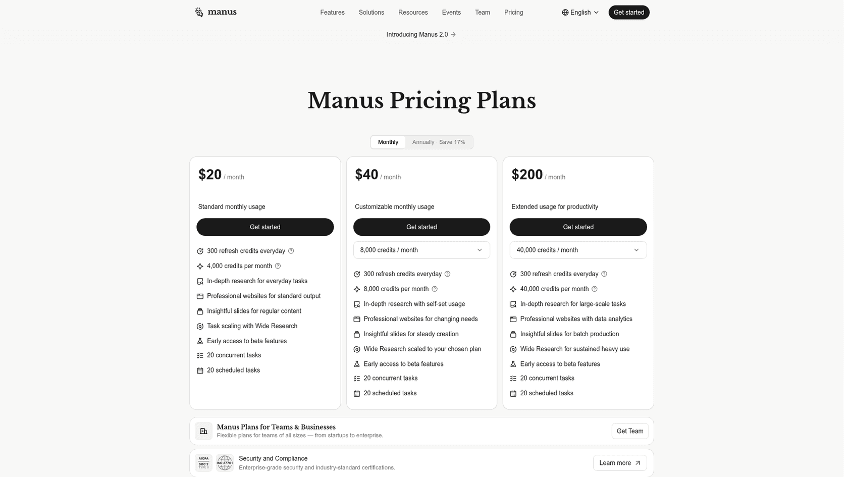 The Manus pricing page showing the $20, $40 and $200 monthly plans with 4,000, 8,000 and 40,000 credits, as taken from Manus