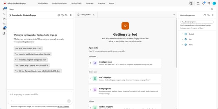 Coworker for Marketo Engage console with a prompt box and agent skills, as taken from Adobe's docs
