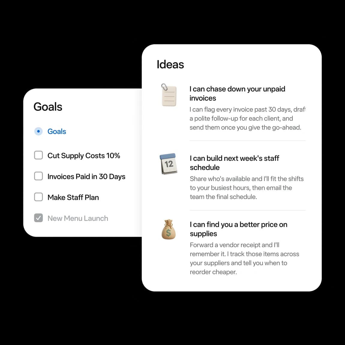 Muse goals list with items like cut supply costs 10% and make staff plan, next to Muse suggestions to chase unpaid invoices, build next week's staff schedule and find better supply prices, as taken from muse.ai