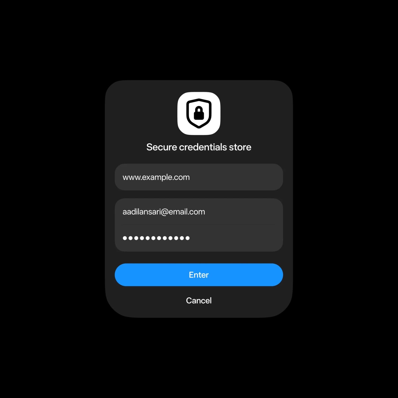 Muse secure credentials store dialog with a website, email address and masked password field, as taken from muse.ai