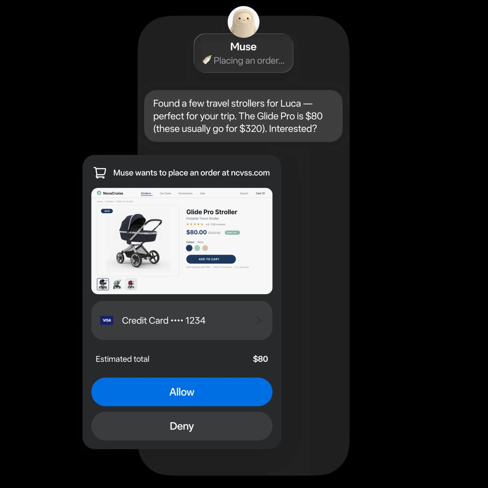 Muse pausing to ask for approval before placing an order, with Allow and Deny buttons, as taken from muse.ai. Emails and invites get the same approval step