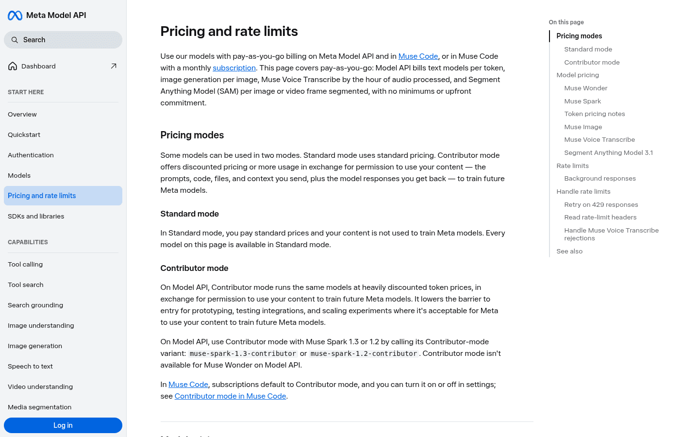Meta Model API pricing and rate limits page explaining Standard mode and Contributor mode, as taken from Meta