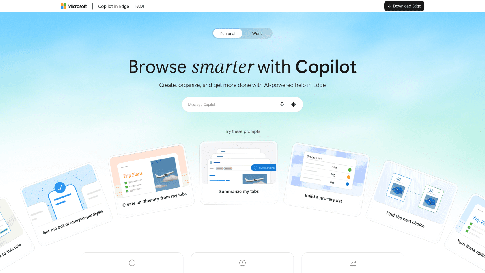 Copilot in Edge landing page showing the sidebar prompts for summarizing and comparing tabs, as taken from Microsoft