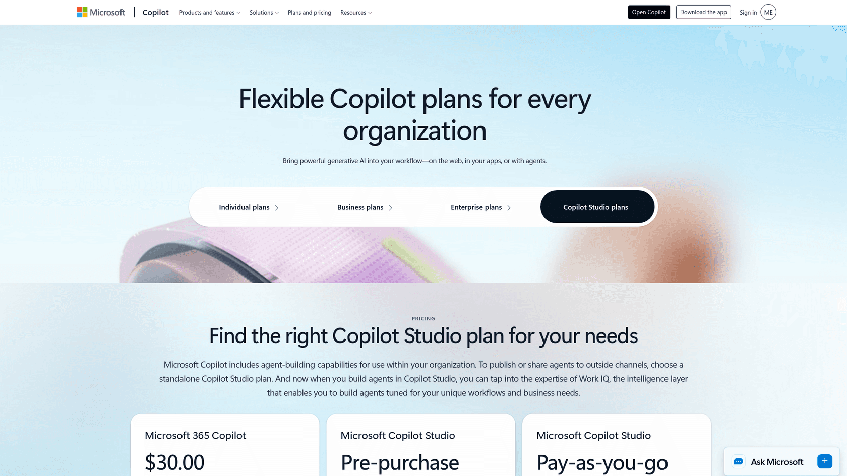 Microsoft's Copilot plans page showing Copilot Studio pre-purchase and pay-as-you-go options next to Microsoft 365 Copilot at $30, as taken from Microsoft